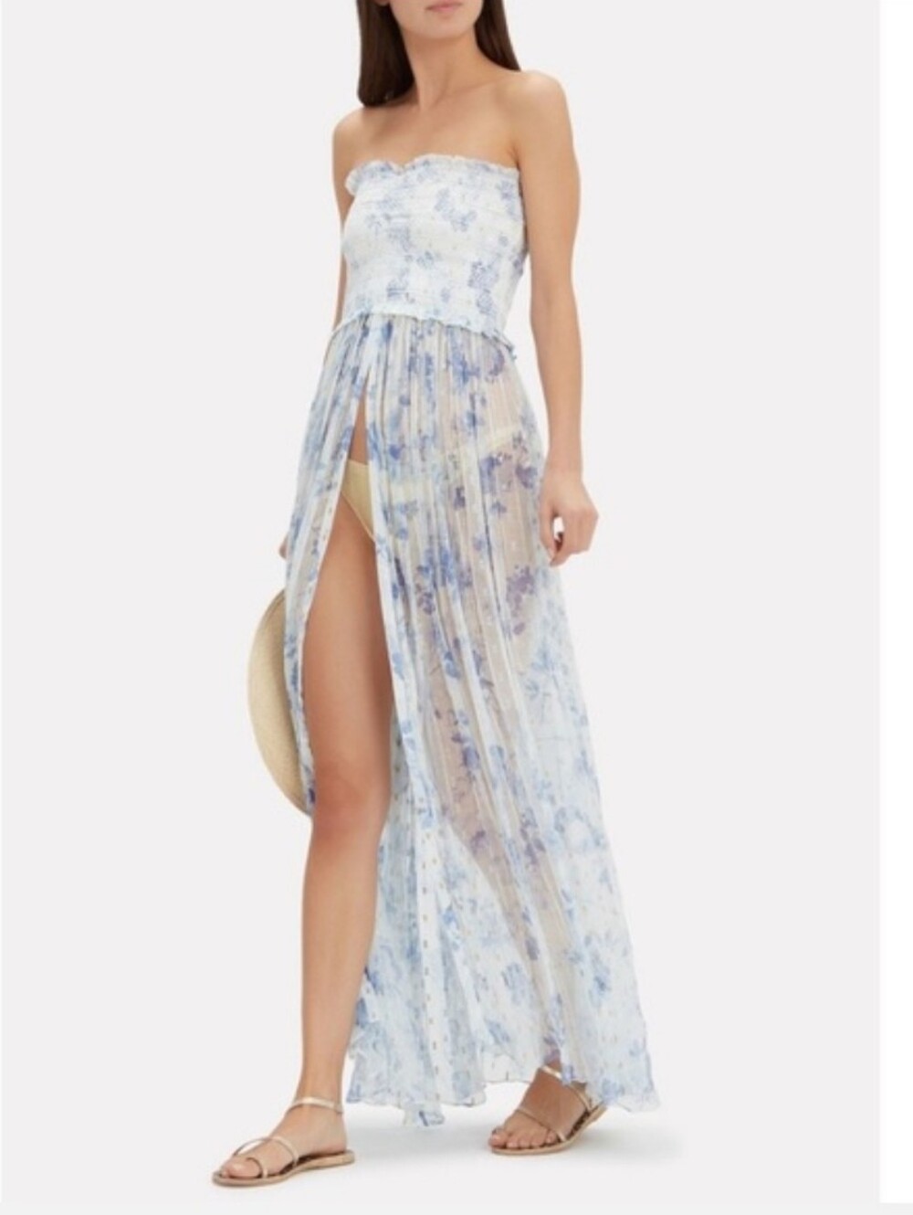 Rococo Sand Smocked Sheer Strapless Floral Maxi Dress Cover Up XS P